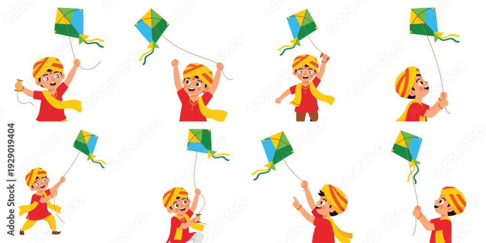 Fototapeta premium Boy flying kites in various poses