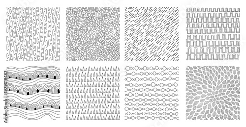 Crosshatch textures featuring hand-drawn line work and doodle pattern vector illustration set. Pencil sketch hatching with geometric grunge strokes, dots, and vintage scribble elements for background.