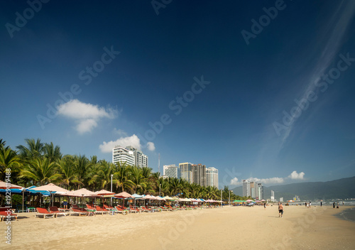 view of my khe beach tourist area in danang vietnam on sunny day