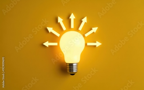 Illustration of a glowing lightbulb radiating ideas, creativity and inspiration with seven outward arrows on a yellow backdrop, centered viewpoint