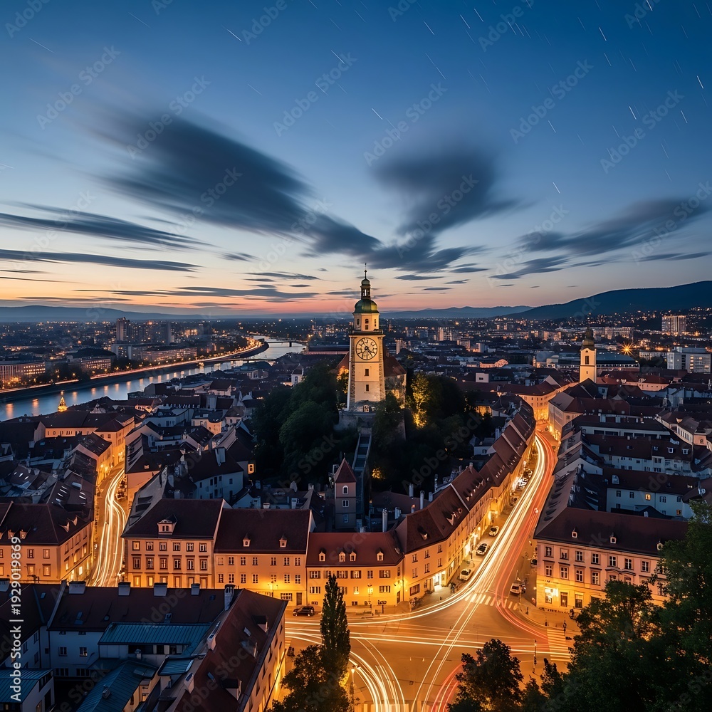 Obraz premium Aerial cityscape at dusk with a prominent tower