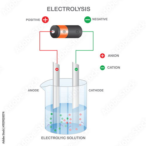 Electrolysis Process Diagram with Anode and Cathode Electrodes in Electrolytic Solution Connected to Battery, Educational Chemistry Illustration. Simple Electrolysis Process Diagram with Battery Setup
