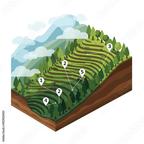 Terraced hillside landscape with numbered sections and forest.