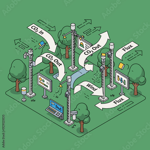 Isometric illustration of carbon capture technology with wind turbines and CO2 flux monitoring.