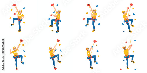Rock climber in various poses with transparent background