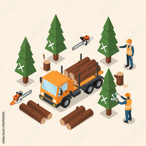 Logging operation with workers and machinery in a forest.