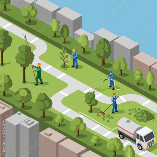 Vector illustration of gardeners maintaining a park with trees and a pathway.