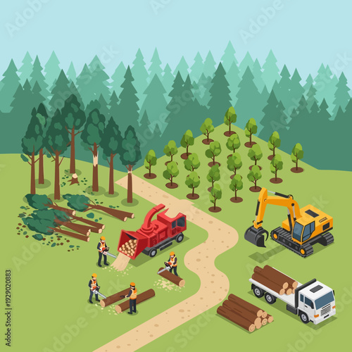Forest Logging Operation with Heavy Machinery and Workers.
