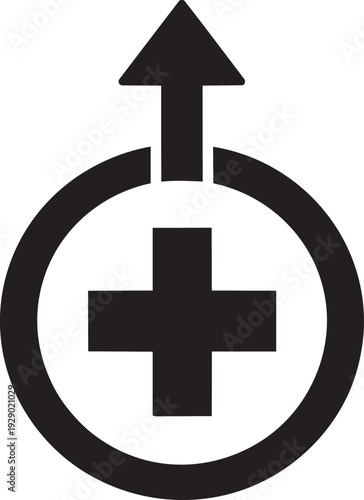 Circular arrow pointing upwards from a cross symbol, signifying growth, health, or positive change