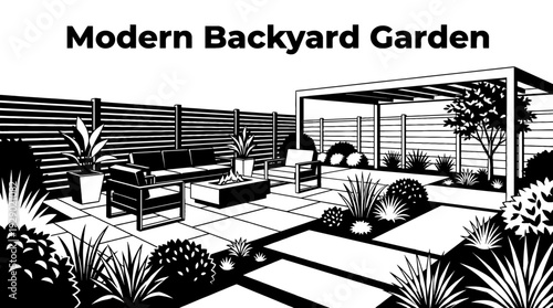 modern backyard garden with a patio and seating area black and white representing outdoor living and contemporary home design