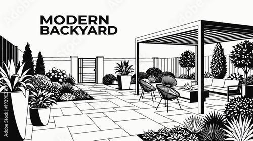 modern backyard garden with a patio and seating area black and white representing outdoor living and contemporary home design