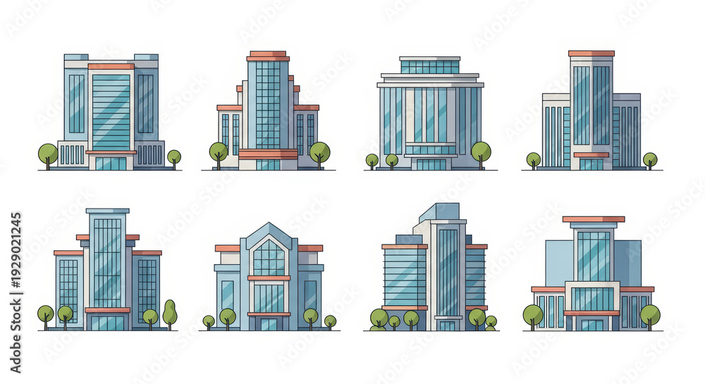Fototapeta premium Modern Office Buildings Vector Set. Architecture Design.