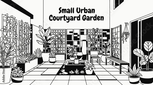 small urban courtyard garden with plants and minimal design representing compact outdoor living in city homes