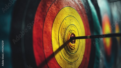 Arrow hitting the bullseye of a vibrant concentric ring archery target