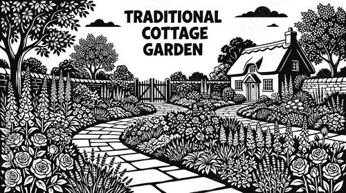 traditional cottage garden with flowers and pathways black and white vector representing classic countryside landscaping and rural lifestyle