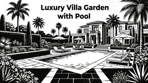 luxury villa garden with a swimming pool black and white vector representing premium outdoor lifestyle and high end residential design