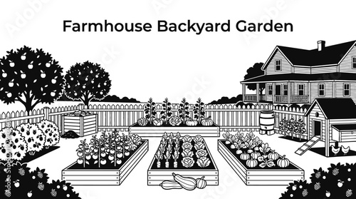 farmhouse backyard garden with vegetables and plants black and white vector representing sustainable living and organic gardening