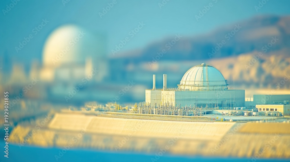 Obraz premium Exterior view of a nuclear power plant, slightly out of focus.