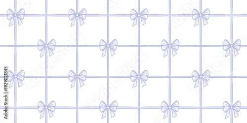 Cute light blue gingham check plaid ribbon with bows seamless repeat pattern background