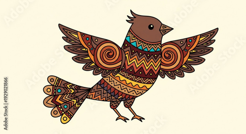 Vibrant bird with colorful tribal patterns spreading its wings