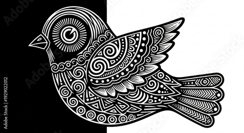 Intricately designed bird with ornate patterns on black and white background