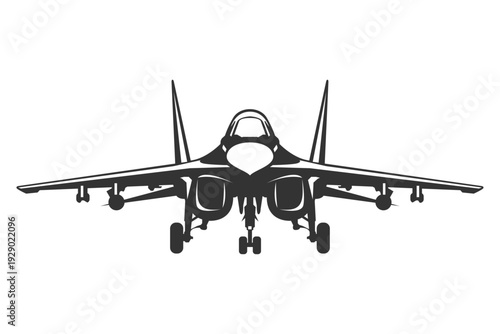 Vector illustrations MiG-35 fighter jet in black and white color from ahead. Silhouette MiG-35 military aircraft design from front view. Monochrome drawing Soviet era combat aeroplane MiG-35.