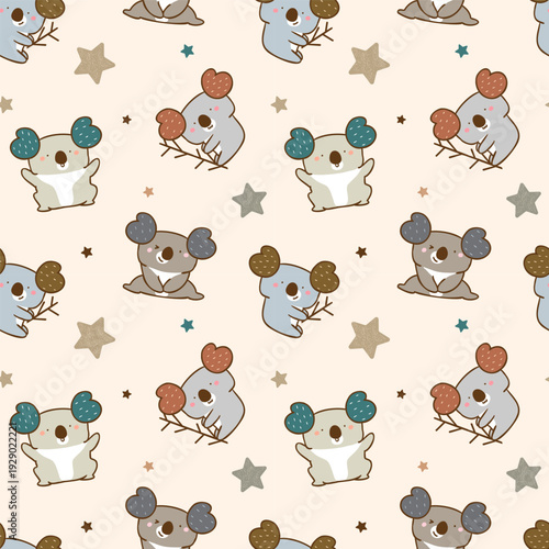 Seamless Pattern with Cute Cartoon Koala Bear and Star Design on Beige Color Background. Hand Drawn Vector Illustration.