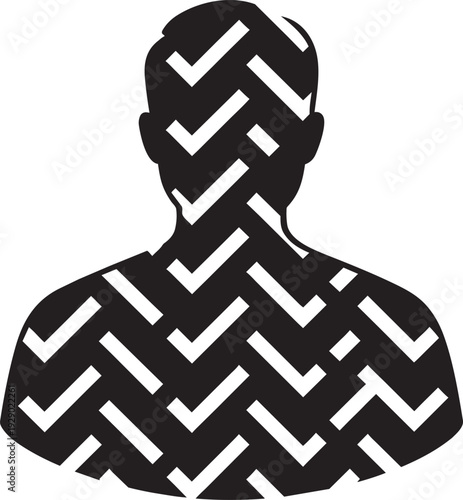 Silhouette of a person's head and shoulders filled with a pattern of checkmarks and zigzag lines, symbolizing verification, agreement, or success