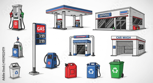 Gas station elements illustration, including fuel pumps, signs, and containers, all in a drawing style.