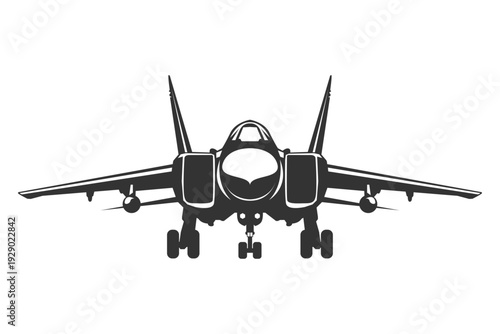 Silhouette MiG-25 military jet aircraft front view design. Minimal vector illustration of MiG-25 fighter in black and white from ahead. Monochrome drawing of Cold War era combat aeroplane.