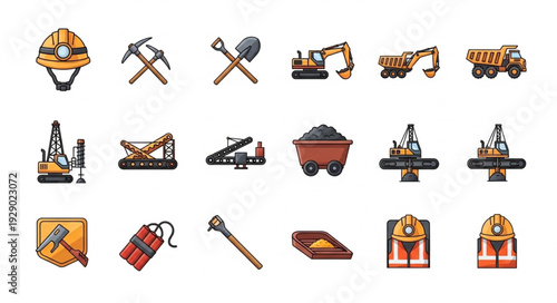 Mining and construction equipment collection, various tools and machinery illustrations.