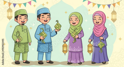 Happy Muslim Family Celebrating Eid al-Fitr