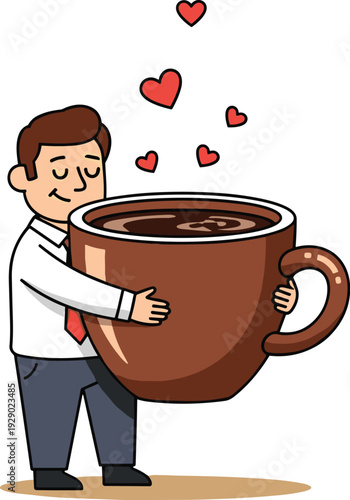 Happy Businessman Character Hugging a Giant Cup of Hot Coffee with Floating Red Hearts