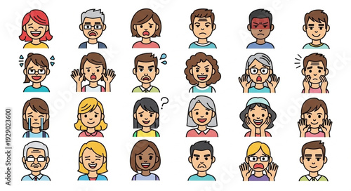 Diverse collection of illustrated human faces depicting various emotions and expressions.