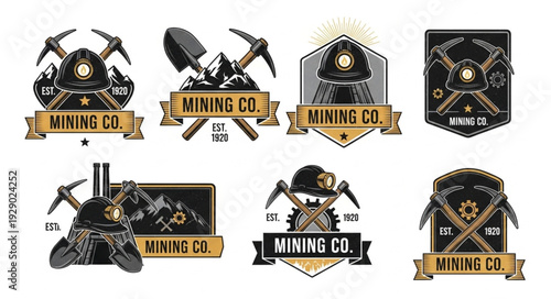 Vintage mining company logos featuring pickaxes, helmets, and banners with text.