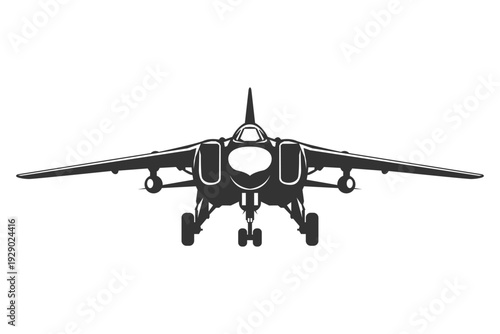Silhouette MiG-23 military jet aircraft front view design. Minimal vector illustration of MiG-23 fighter in black and white from ahead. Monochrome drawing of Cold War era combat aeroplane.