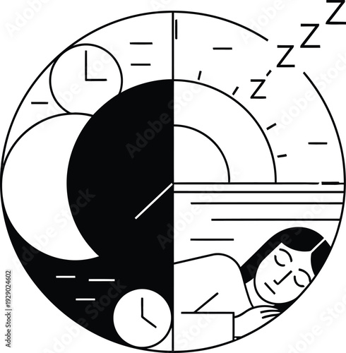 A serene illustration of a person sleeping peacefully, surrounded by a clock and moon, symbolizing rest and tranquility, wqe (199) style