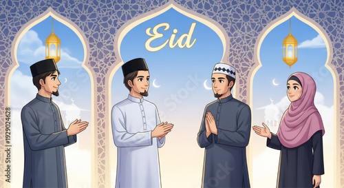 Eid Mubarak Celebration with Muslim Family Greeting Illustration