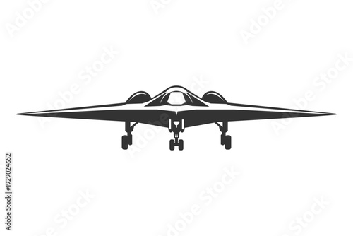 Silhouette RQ-170 unmanned aircraft design from front view. Vector illustrations RQ-170 drone in black and white color from ahead. Monochrome drawing modern military surveillance UAV.