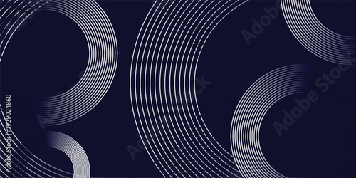 Abstract Dark Blue Background with White Concentric Circles and Futuristic Path Lines