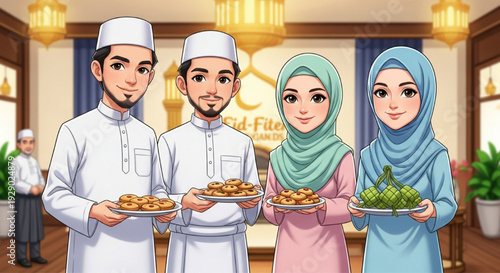 Happy Muslim Family Celebrating Eid al-Fitr with Traditional Food