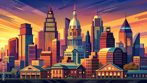 Very beautiful Philadelphia downtown skyline glowing at sunset, golden reflections bathing glass towers and historic rooftops, warm evening atmosphere capturing the vibrant urban charm of Pennsylvania