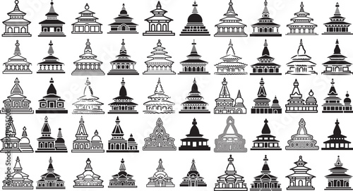 Collection of various traditional Asian temple silhouettes and line drawings