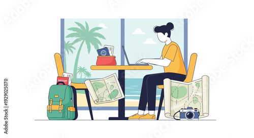 Woman Working on Laptop Beach.