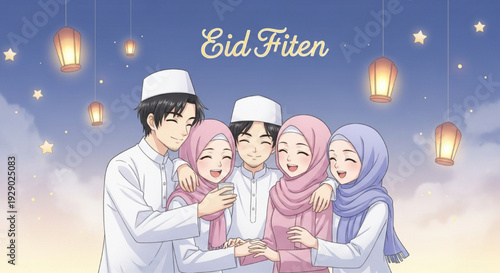 Happy Muslim Family Celebrating Eid Fitr Together