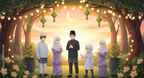 Muslim Family Celebrating Eid al-Fitr in Garden Illustration