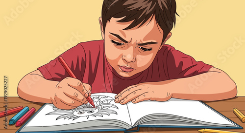Boy drawing with colored pencils book.