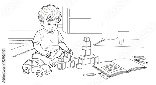 Toddler playing with wooden blocks.