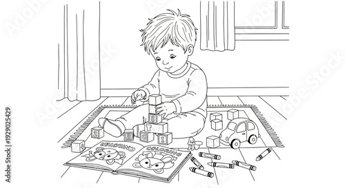 Little boy playing with wooden blocks.