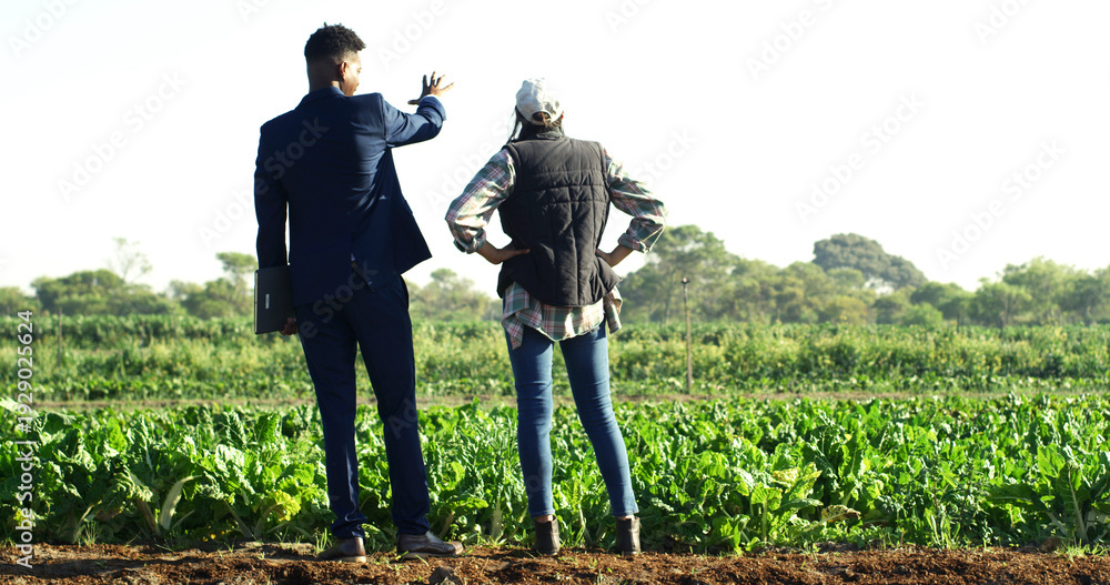 Obraz premium Back, conversation and people at farm for sustainability teamwork, agreement or collaboration. Discussion, planning and businessman with woman, inspection and quality assurance for support or trust